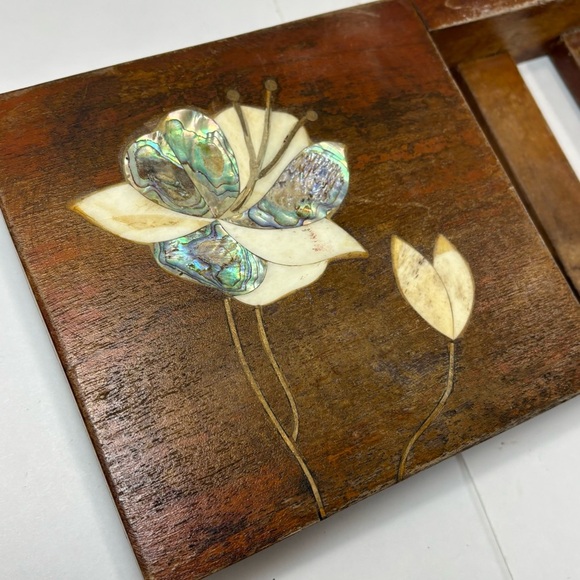 Anthropologie Wood Bath Caddy- Marble Stone Inlay- Made In India- 27” Floral - Picture 4 of 10